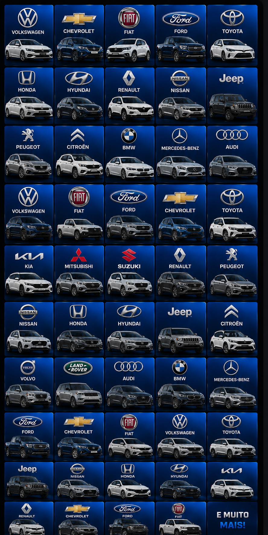 Grade com as principais montadoras disponíveis: Volkswagen, Chevrolet, Fiat, Ford, Toyota, Honda, Hyundai, Renault, BMW, Mercedes-Benz e muitas outras